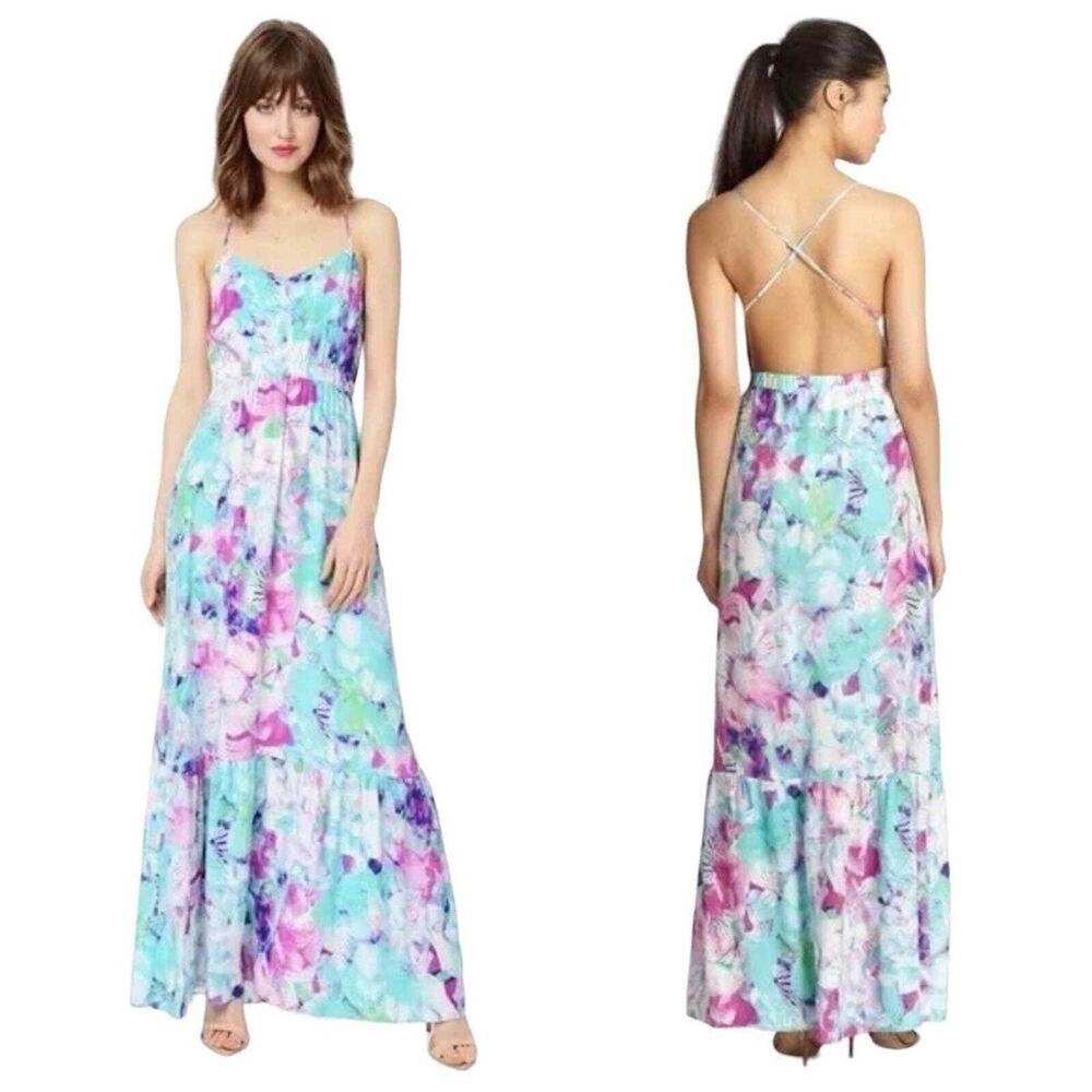 Parker Anna Maxi Dress Sz L Pink, Aqua, Purple 100% Silk Beautiful Floral Print